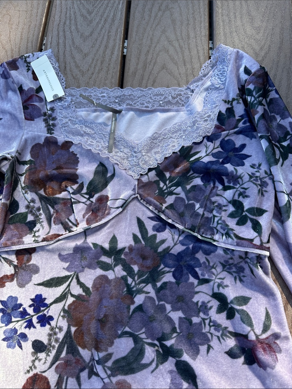 Anthropologie Lavender Floral Lace-Trim Long Sleeve Top - Picture 6 of 6